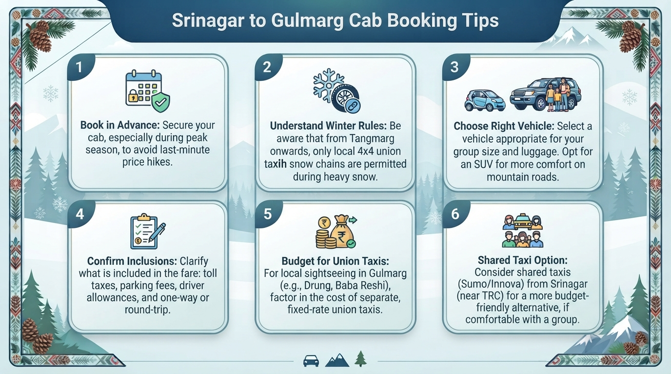 Srinagar to Gulmarg Cab Charges 2026 | ₹2,600-₹5,000 11 Srinagar to Gulmarg cab charges booking tips infographic