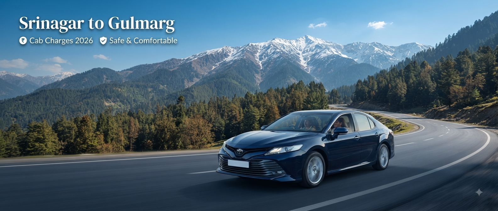 Srinagar to Gulmarg cab charges - comfortable sedan on scenic highway with mountain views Nature Connect Travels