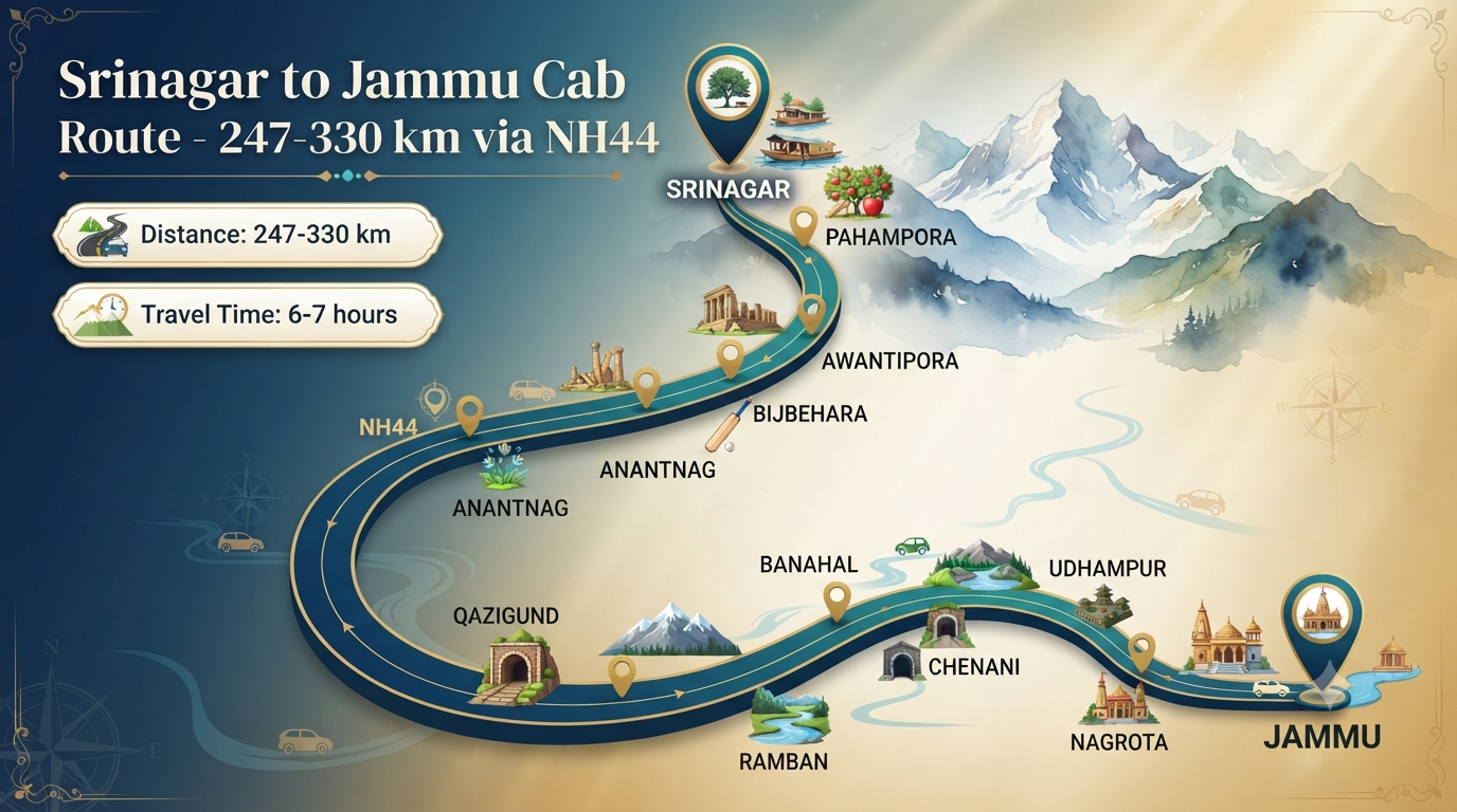 Srinagar to Jammu cab service - route map infographic showing distance and travel time.