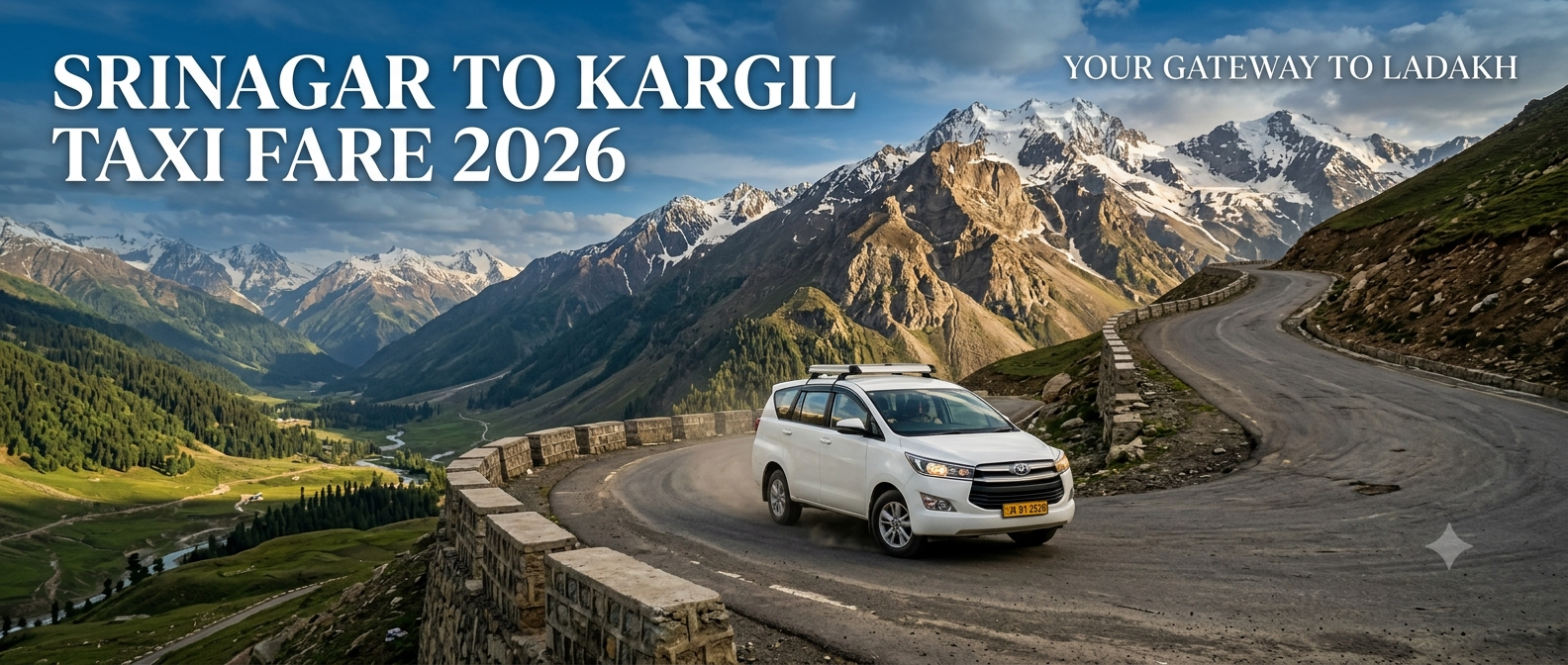 Srinagar to Kargil taxi fare - SUV driving through the Himalayan landscape toward Kargil with Nature Connect Travels