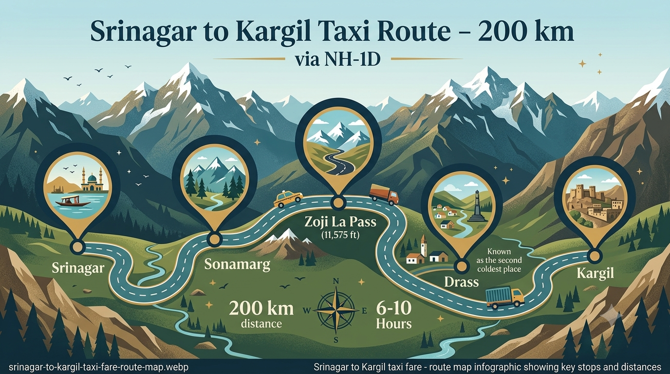 Srinagar to Kargil taxi fare - route map