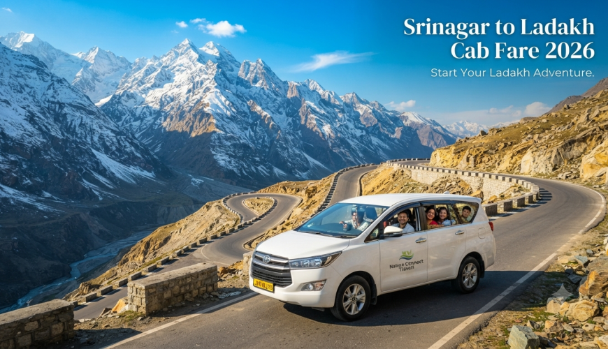 Srinagar to Ladakh cab fare - SUV driving through the Himalayan landscape with Nature Connect Travels.