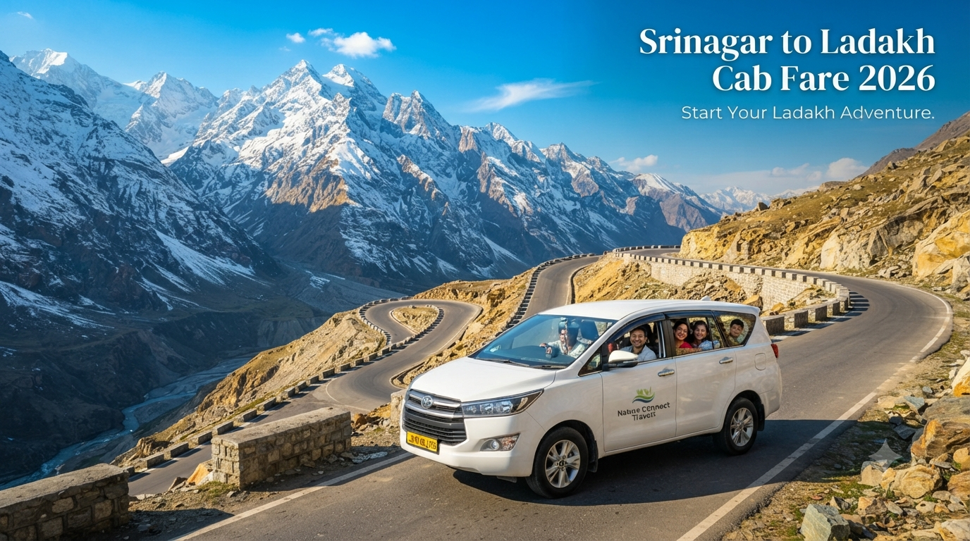 Srinagar to Ladakh cab fare - SUV driving through the Himalayan landscape with Nature Connect Travels.