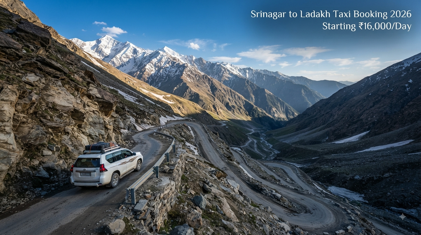Srinagar to Ladakh taxi booking - SUV driving through Zojila Pass Himalayan mountains