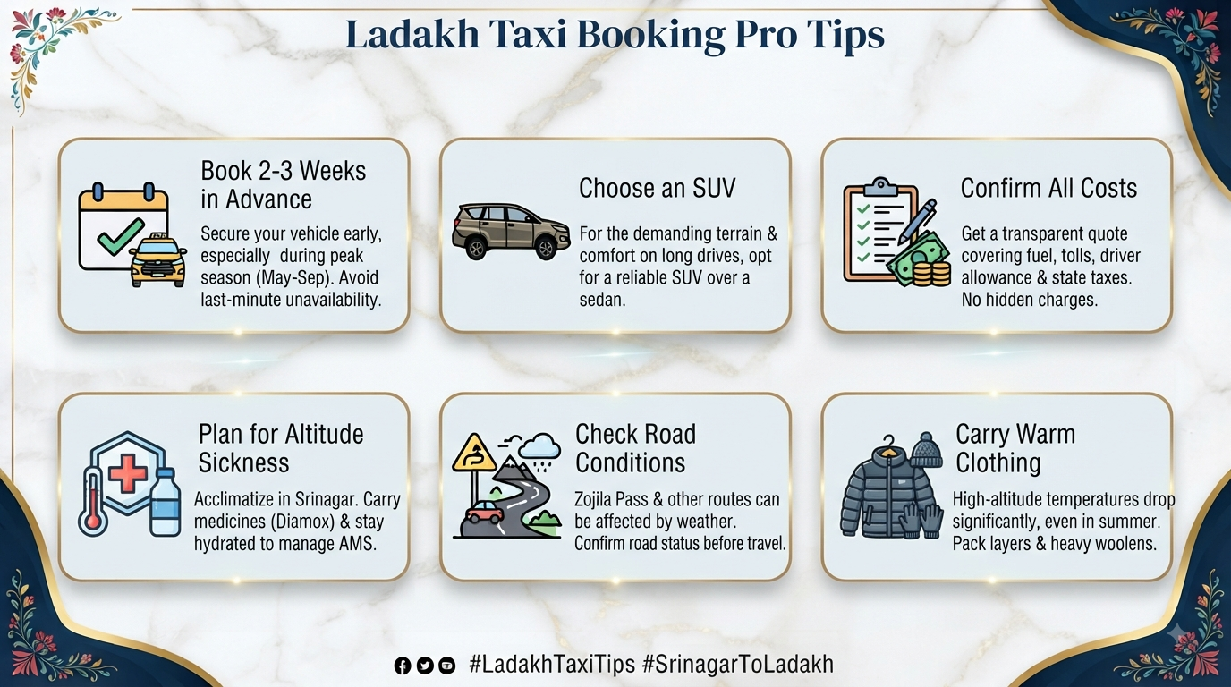 Srinagar to Ladakh taxi booking - essential tips infographic