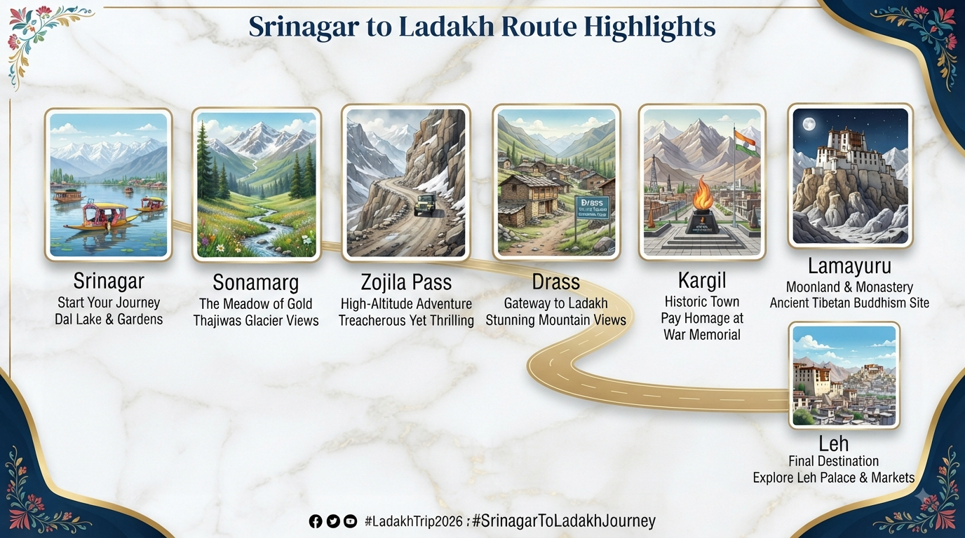 Srinagar to Ladakh taxi booking - route highlights infographic