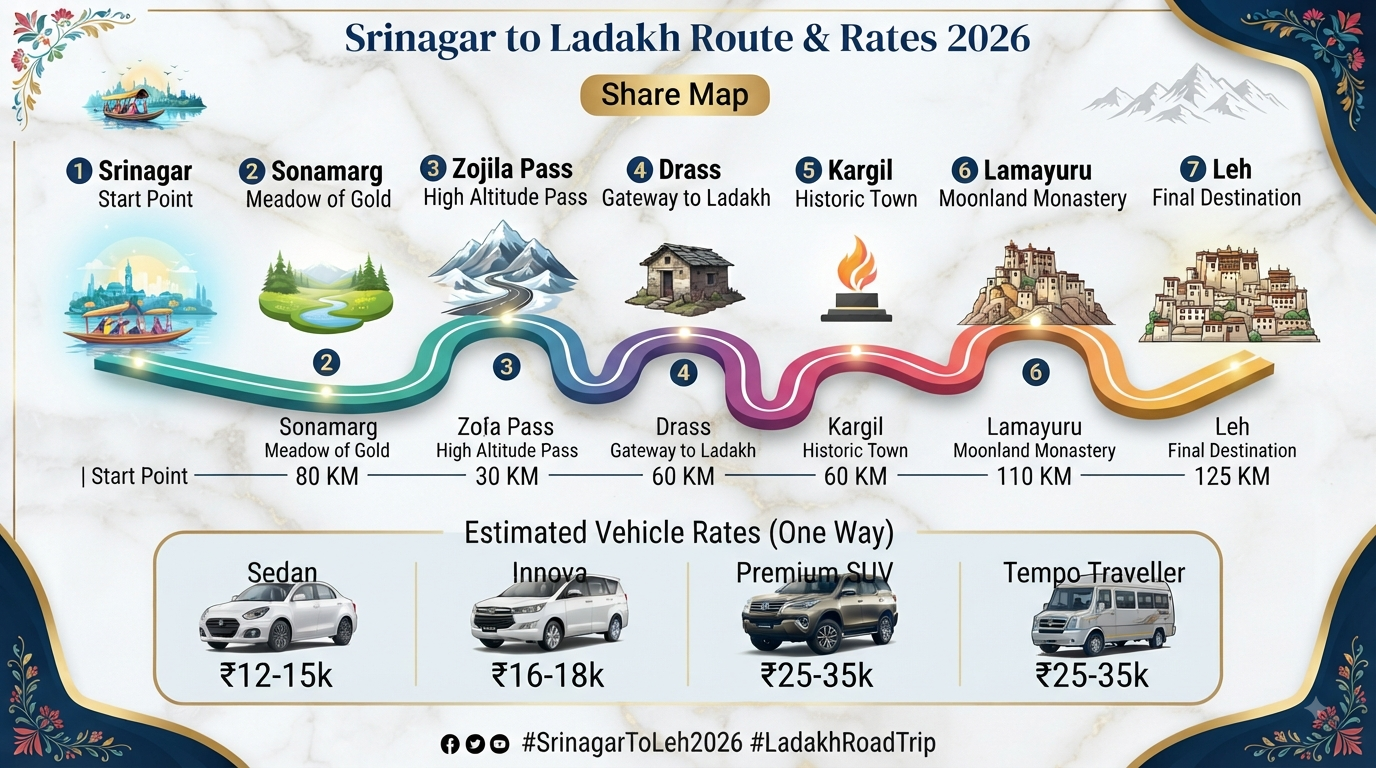 Srinagar to Ladakh taxi booking - route map and rates infographic