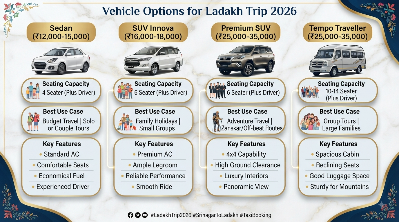 Srinagar to Ladakh taxi booking - vehicle options comparison infographic
