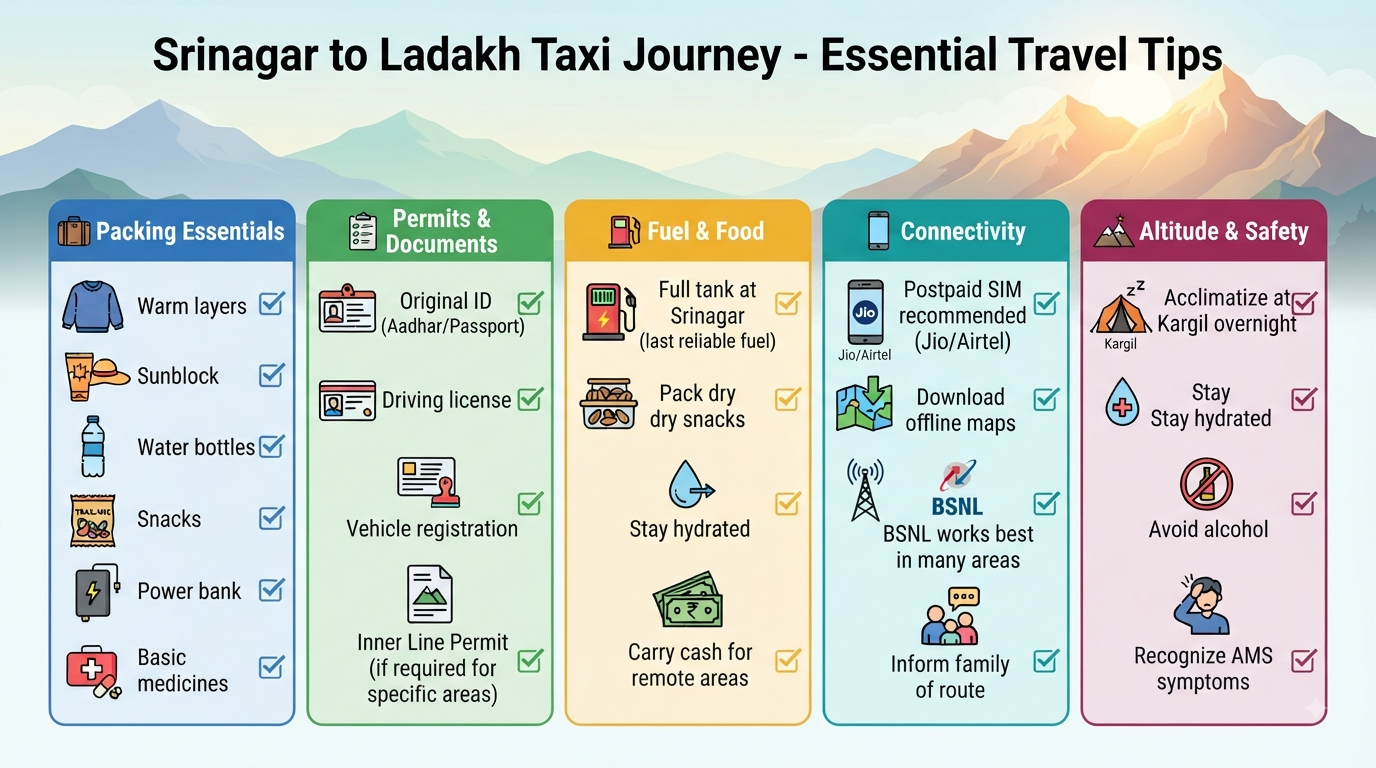 Srinagar to Ladakh taxi fare - essential travel tips infographic for safety, packing, and permits