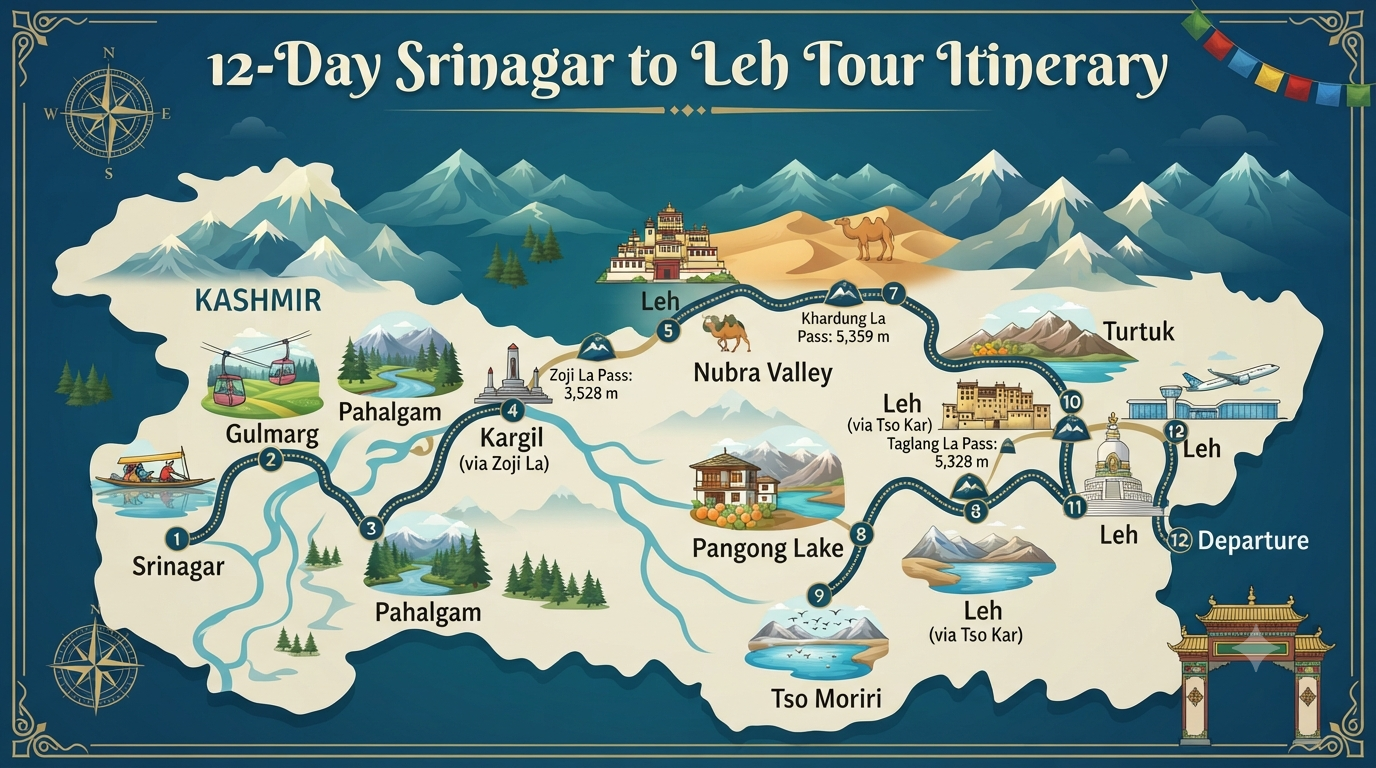 Srinagar to Ladakh Tour Package Price 2026 | ₹22,000+ | 8-15 Days 12 Srinagar to Ladakh tour package price - 12-day itinerary route map