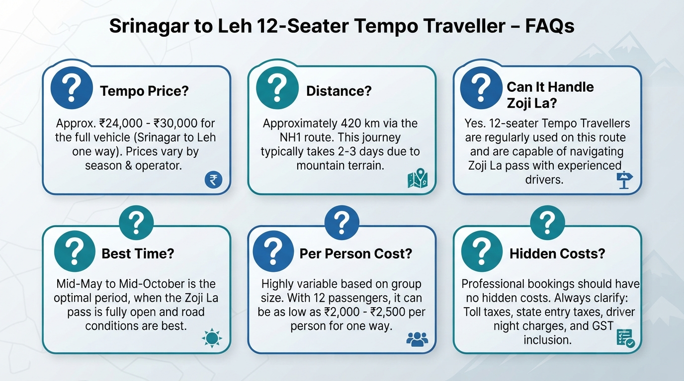 Srinagar to Leh 12 Seater Tempo Traveller 2026 | ₹8,400+ Group Cab 14 Srinagar to Leh 12 seater tempo traveller - frequently asked questions