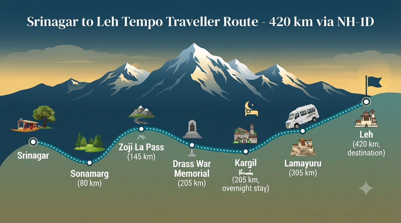 Srinagar to Leh 12 Seater Tempo Traveller 2026 | ₹8,400+ Group Cab 11 Srinagar to Leh 12 seater tempo traveller - route map infographic showing key stops and distances for the group journey.