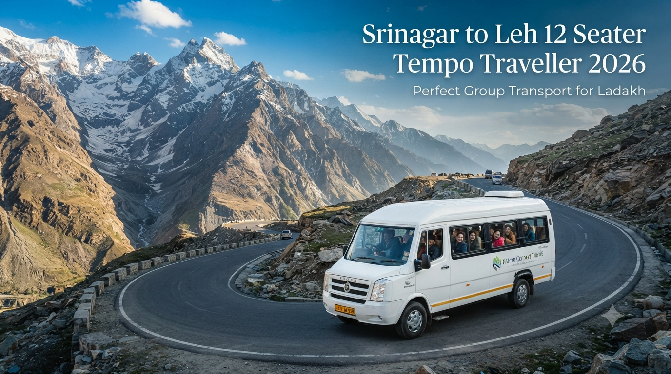 Srinagar to Leh 12 seater tempo traveller - spacious group transport driving through the Himalayan landscape with Nature Connect Travels
