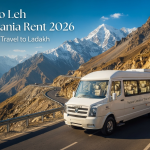 Srinagar to Leh Force Urbania rent - premium tempo traveller driving through the Himalayan landscape with Nature Connect Travels.