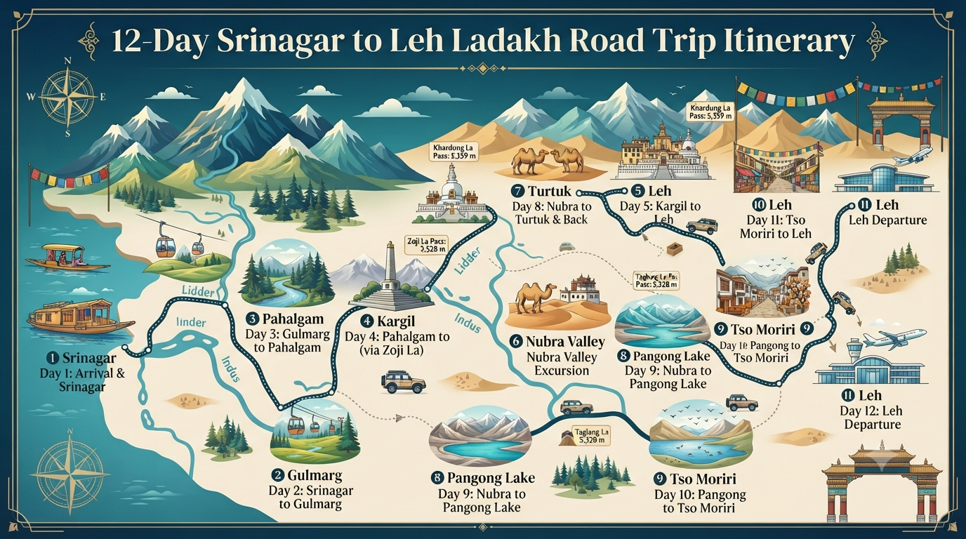 Srinagar to Leh Ladakh Road Trip Package 2026 | ₹31,700+ | 8-12 Days 12 Srinagar to Leh Ladakh road trip package - 12-day itinerary route map