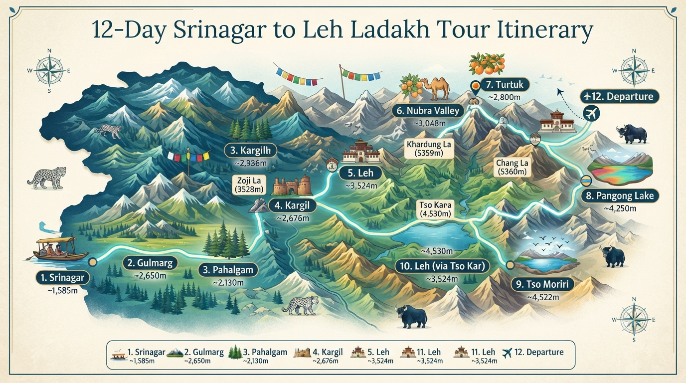 Srinagar to Leh Ladakh Tour Package 2026 | ₹22,000+ | 8-15 Day 12 Srinagar to Leh Ladakh tour package - 12-day itinerary route map