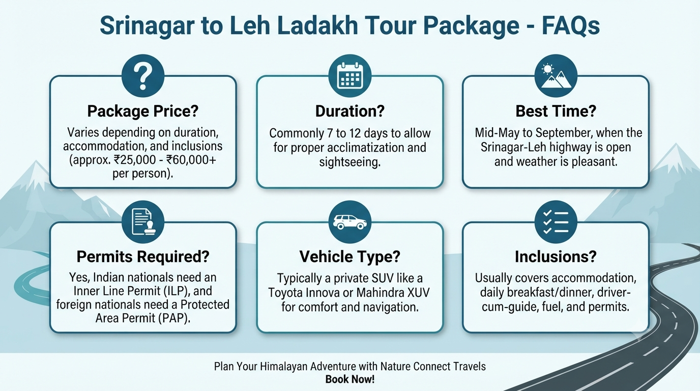 Srinagar to Leh Ladakh Tour Package 2026 | ₹22,000+ | 8-15 Day 16 Srinagar to Leh Ladakh tour package - frequently asked questions