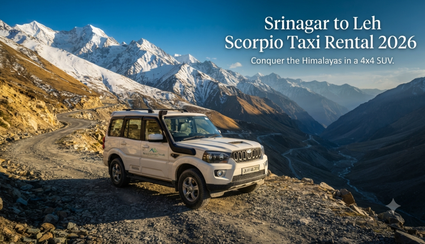 Srinagar to Leh Scorpio taxi rental - Mahindra Scorpio 4x4 SUV driving through the Himalayan landscape with Nature Connect Travels.