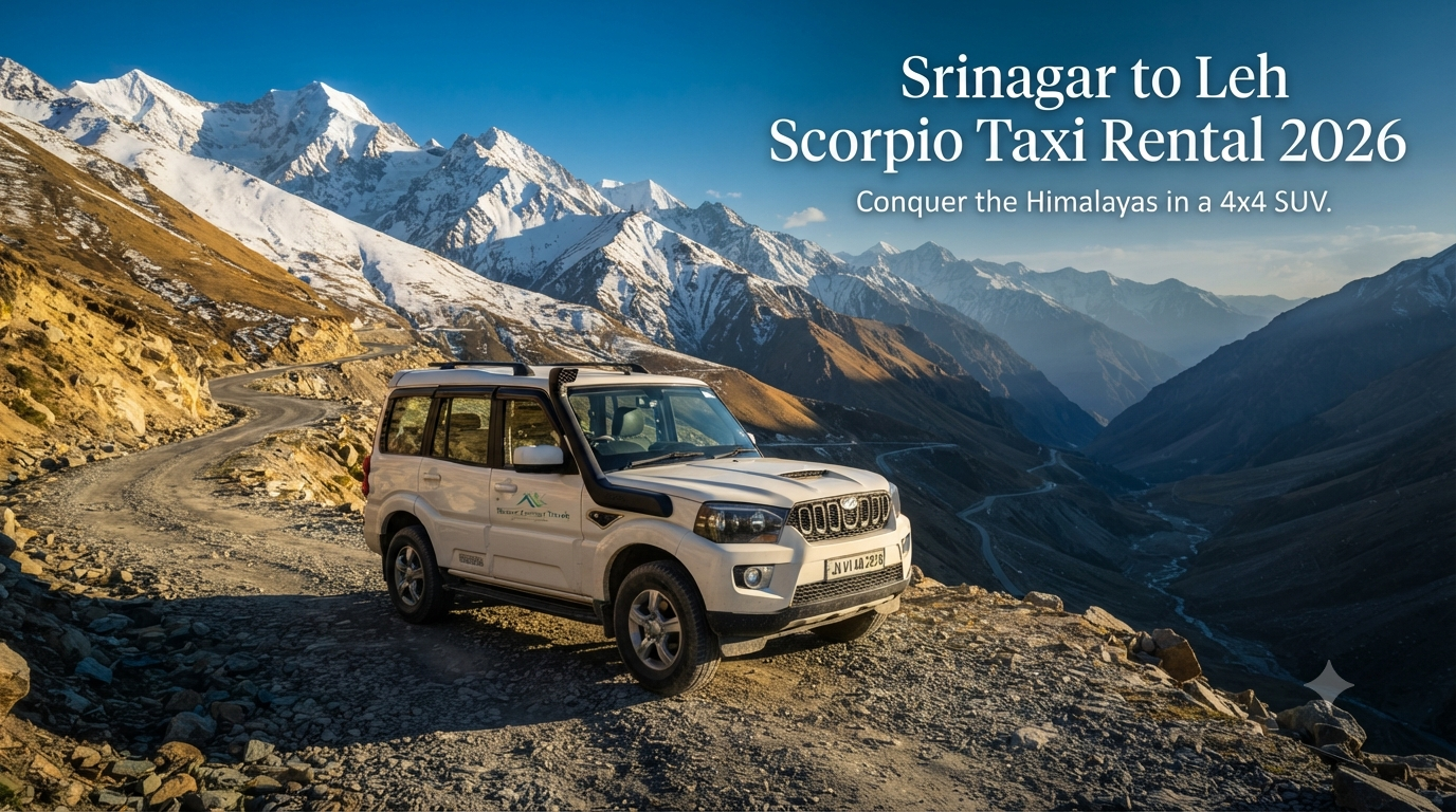 Srinagar to Leh Scorpio taxi rental - Mahindra Scorpio 4x4 SUV driving through the Himalayan landscape with Nature Connect Travels.