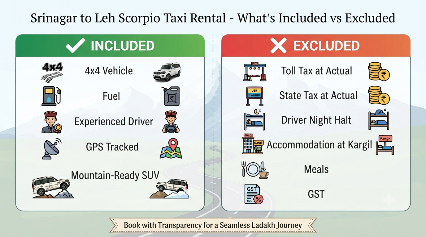 Srinagar to Leh Scorpio taxi rental - inclusions vs exclusions