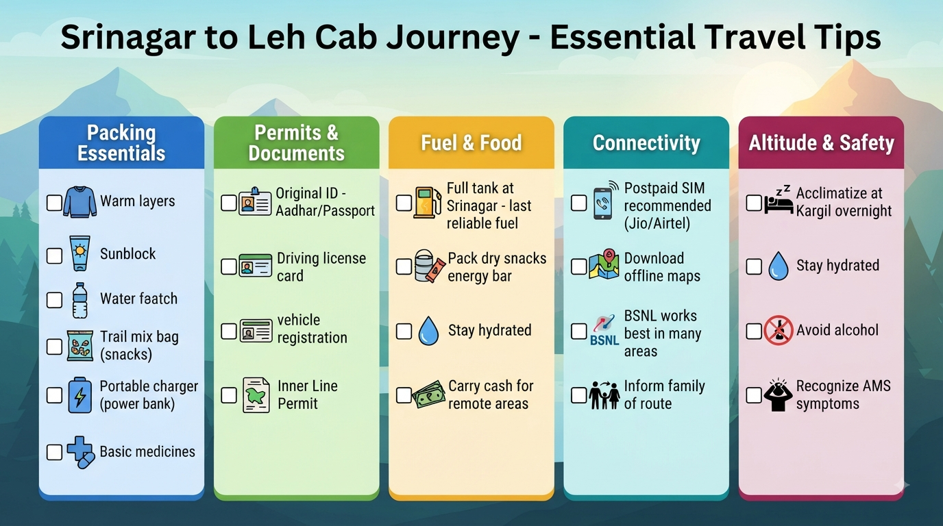 Srinagar to Leh Cab Booking 2026 | ₹4,620+ | SUV, Sedan & Tempo 12 Srinagar to Leh cab booking - essential travel tips infographic for safety, packing, and permits