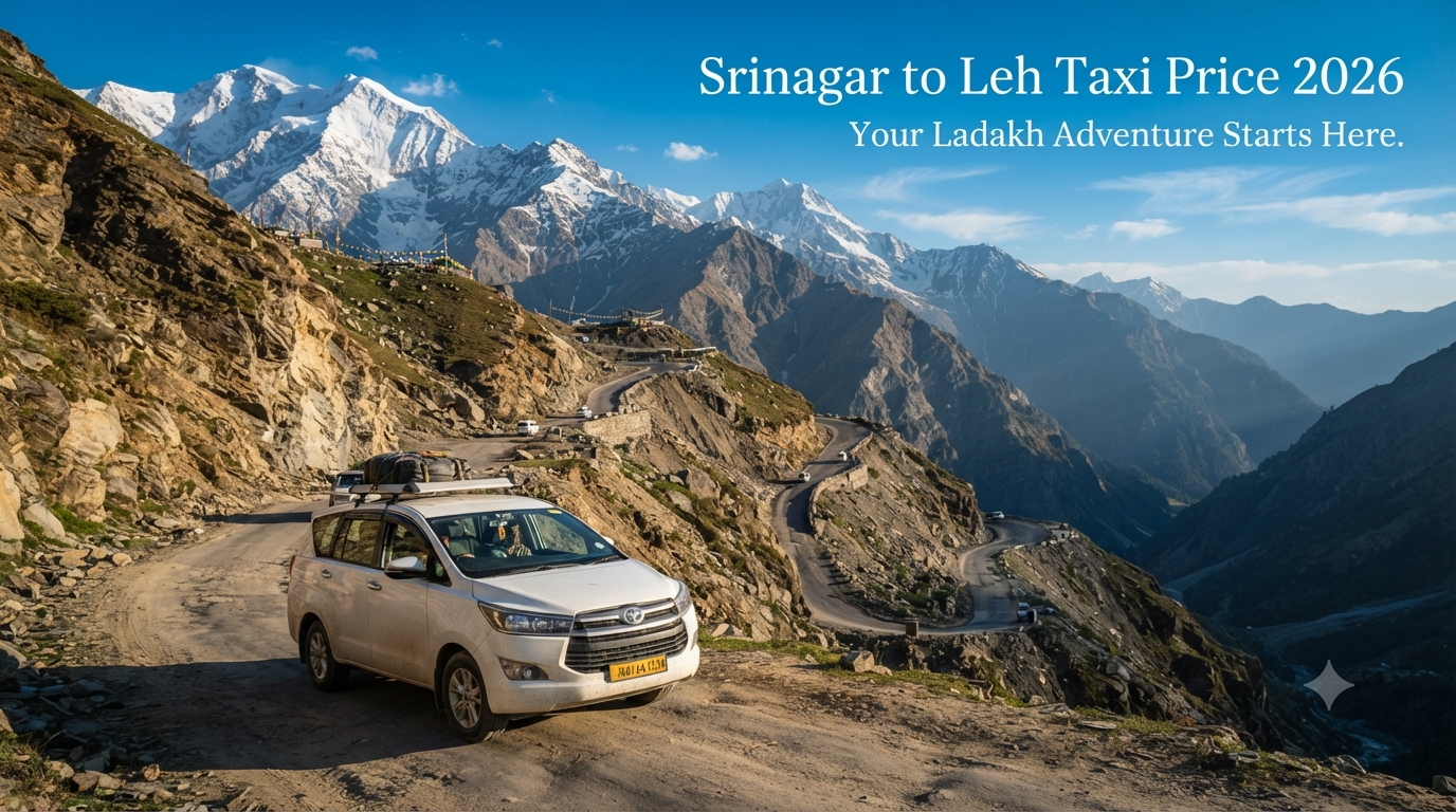 Srinagar to Leh taxi price - SUV driving through the Himalayan landscape with Nature Connect Travels