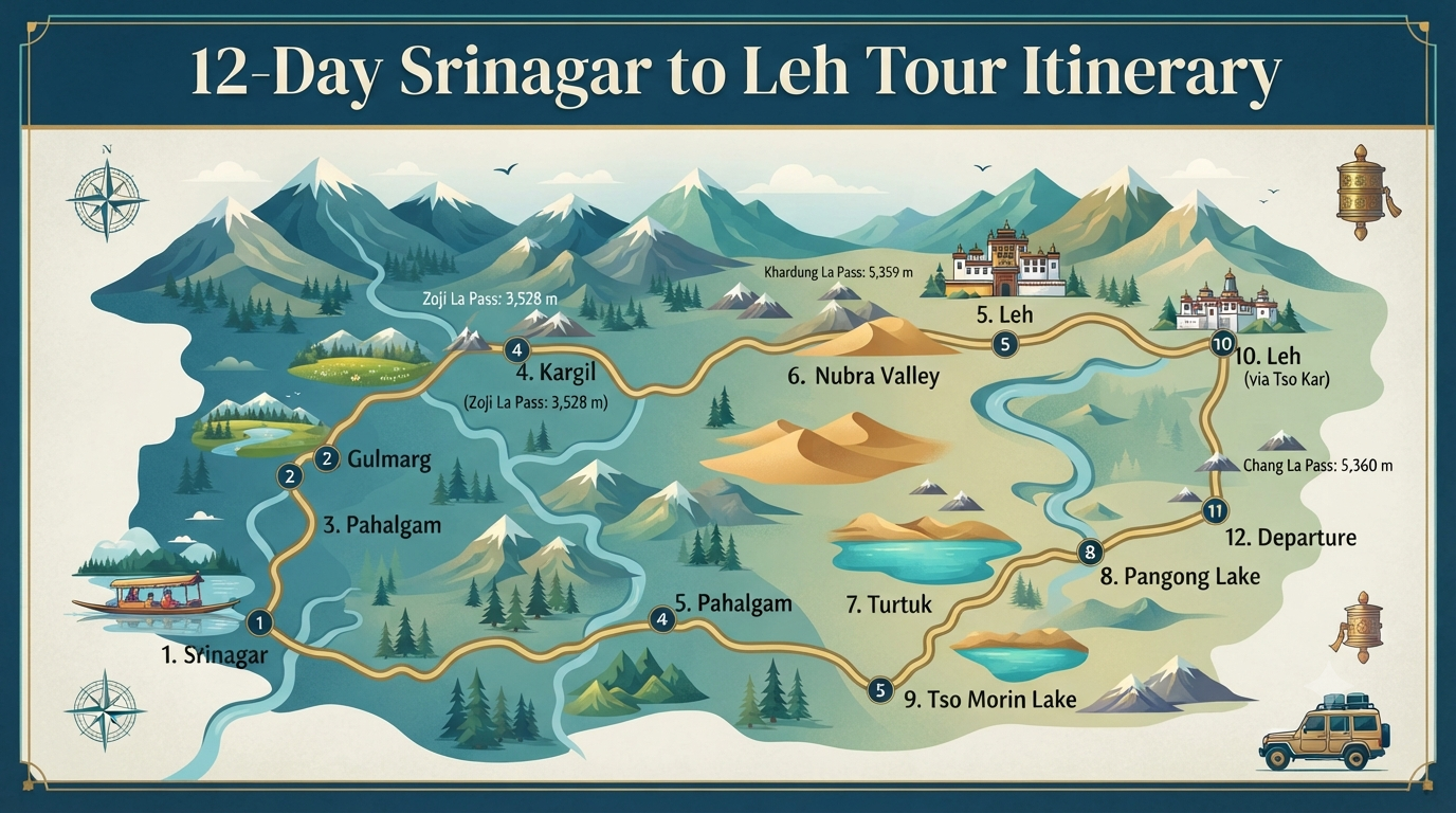 Srinagar to Leh tour packages - 12-day itinerary route map