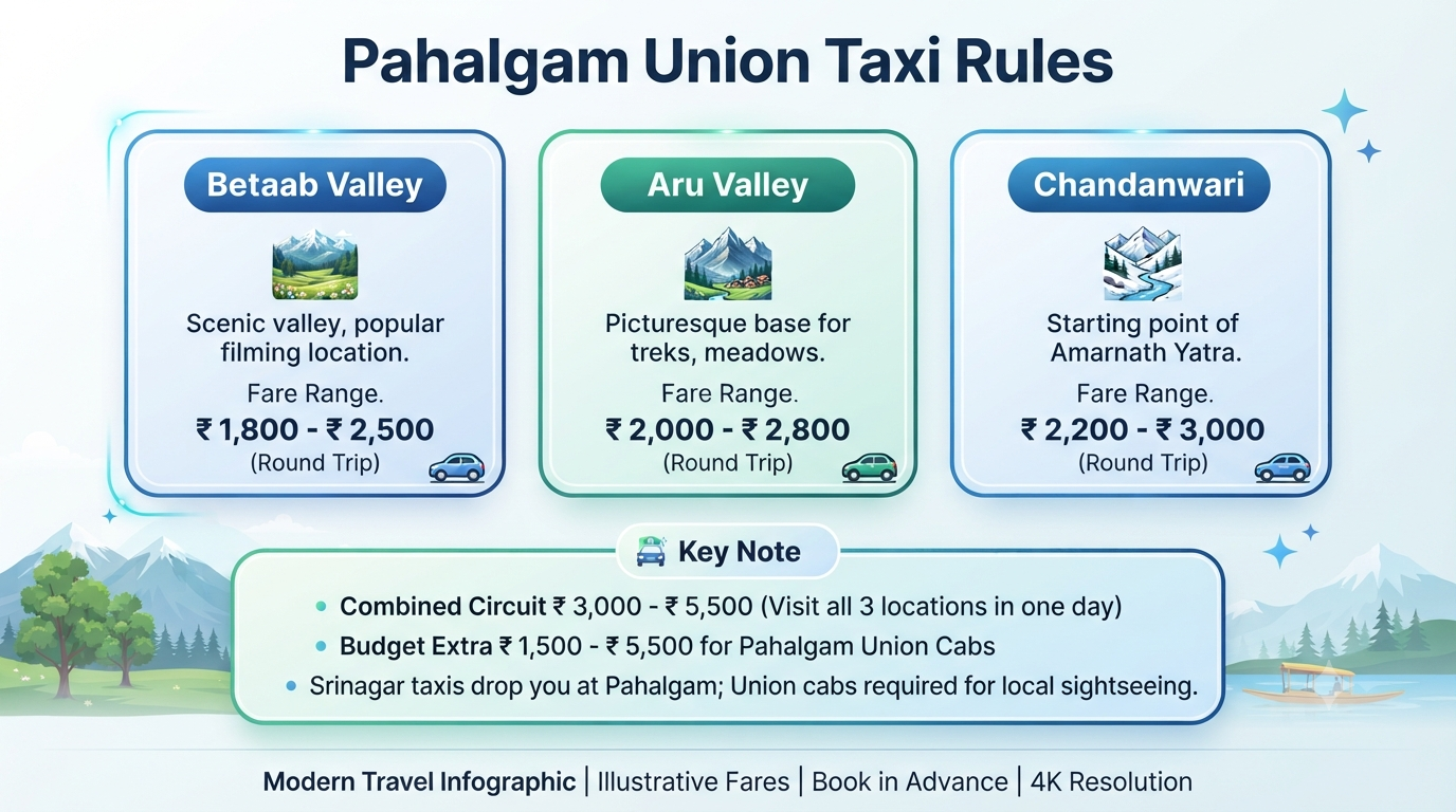 Srinagar to Pahalgam Taxi Fare Round Trip 2026 | ₹2,600-₹7,000+ 10 Srinagar to Pahalgam taxi fare round trip - Pahalgam union taxi rules infographic Betaab Aru Chandanwari