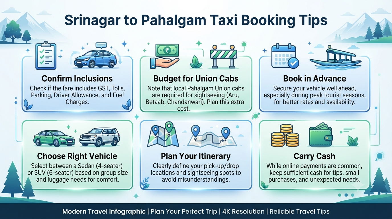 Srinagar to Pahalgam Taxi Fare Round Trip 2026 | ₹2,600-₹7,000+ 11 Srinagar to Pahalgam taxi fare round trip - booking tips infographic