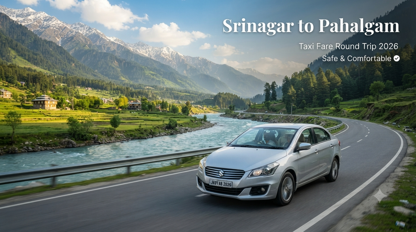 Srinagar to Pahalgam taxi fare round trip - comfortable sedan on scenic highway with Lidder River and valley views Nature Connect Travels