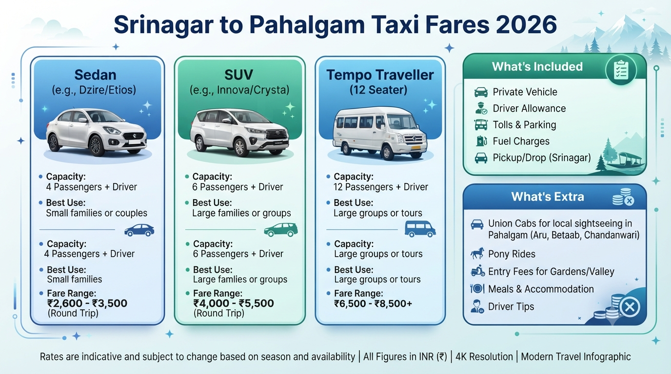 Srinagar to Pahalgam Taxi Fare Round Trip 2026 | ₹2,600-₹7,000+ 9 Srinagar to Pahalgam taxi fare round trip - fare comparison infographic sedan SUV Tempo Traveller