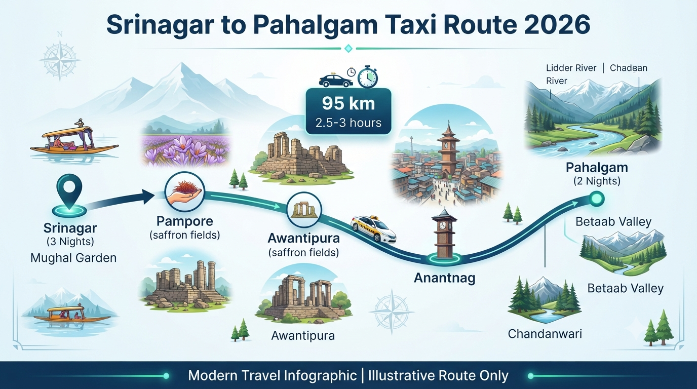 Srinagar to Pahalgam Taxi Fare Round Trip 2026 | ₹2,600-₹7,000+ 8 Srinagar to Pahalgam taxi fare round trip - route map infographic via NH44 with key stops and distance
