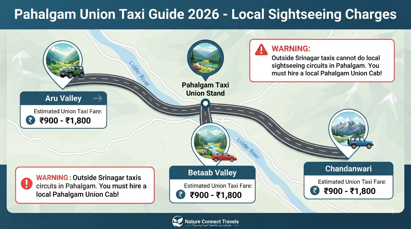 Srinagar to Pahalgam taxi per day - Pahalgam union taxi guide infographic for Aru, Betaab, and Chandanwari.