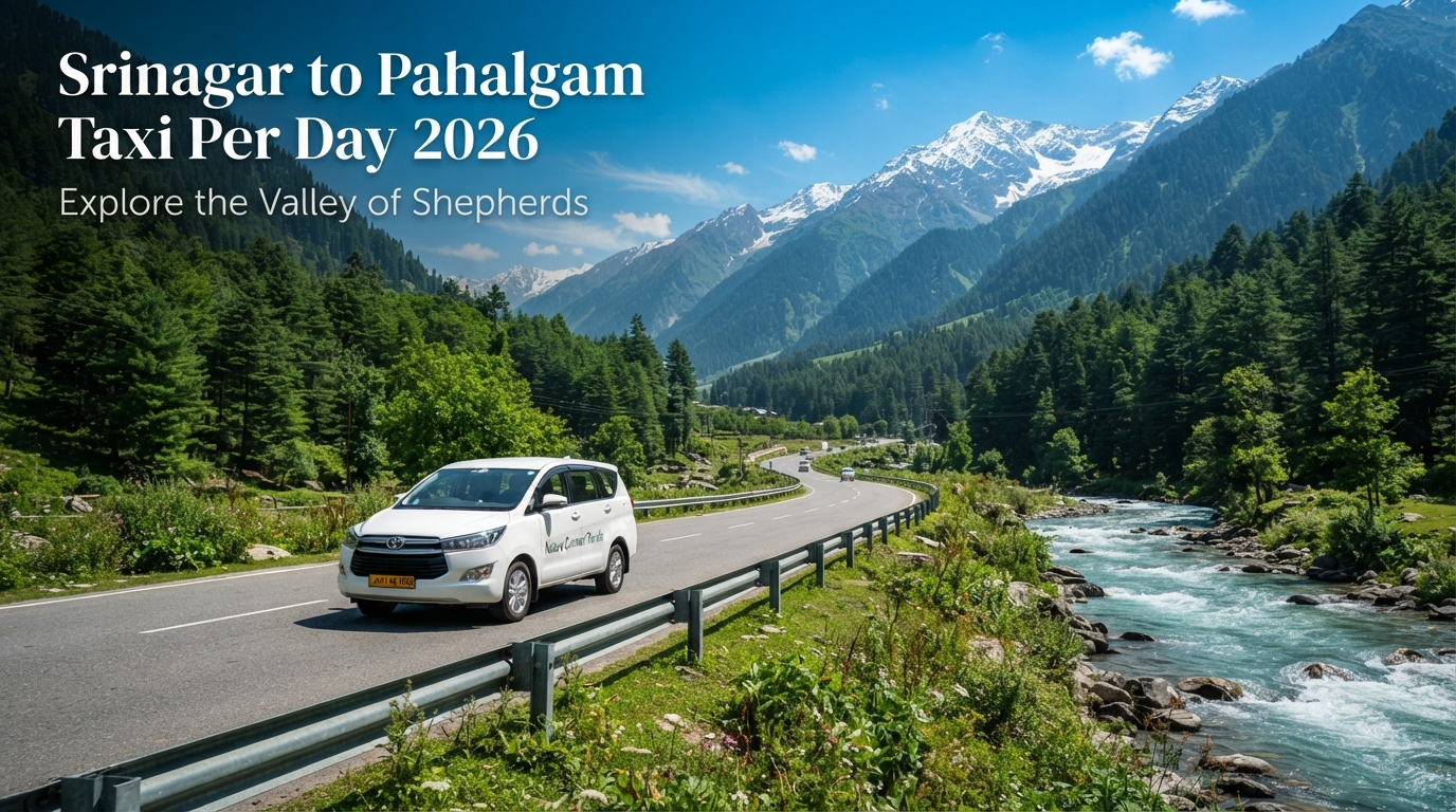 Srinagar to Pahalgam taxi per day - SUV driving through the scenic Kashmir landscape with Nature Connect Travels