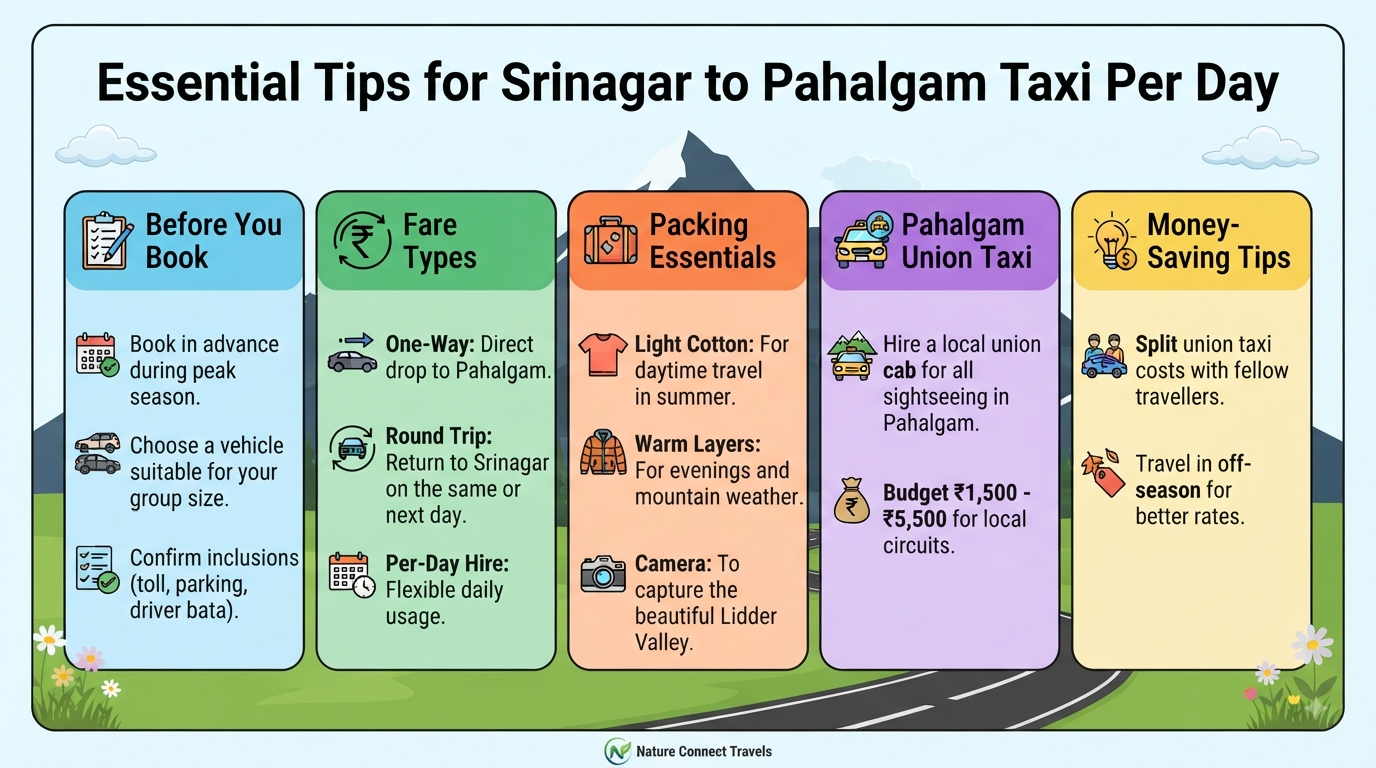 Srinagar to Pahalgam taxi per day - essential travel tips infographic for booking and sightseeing.