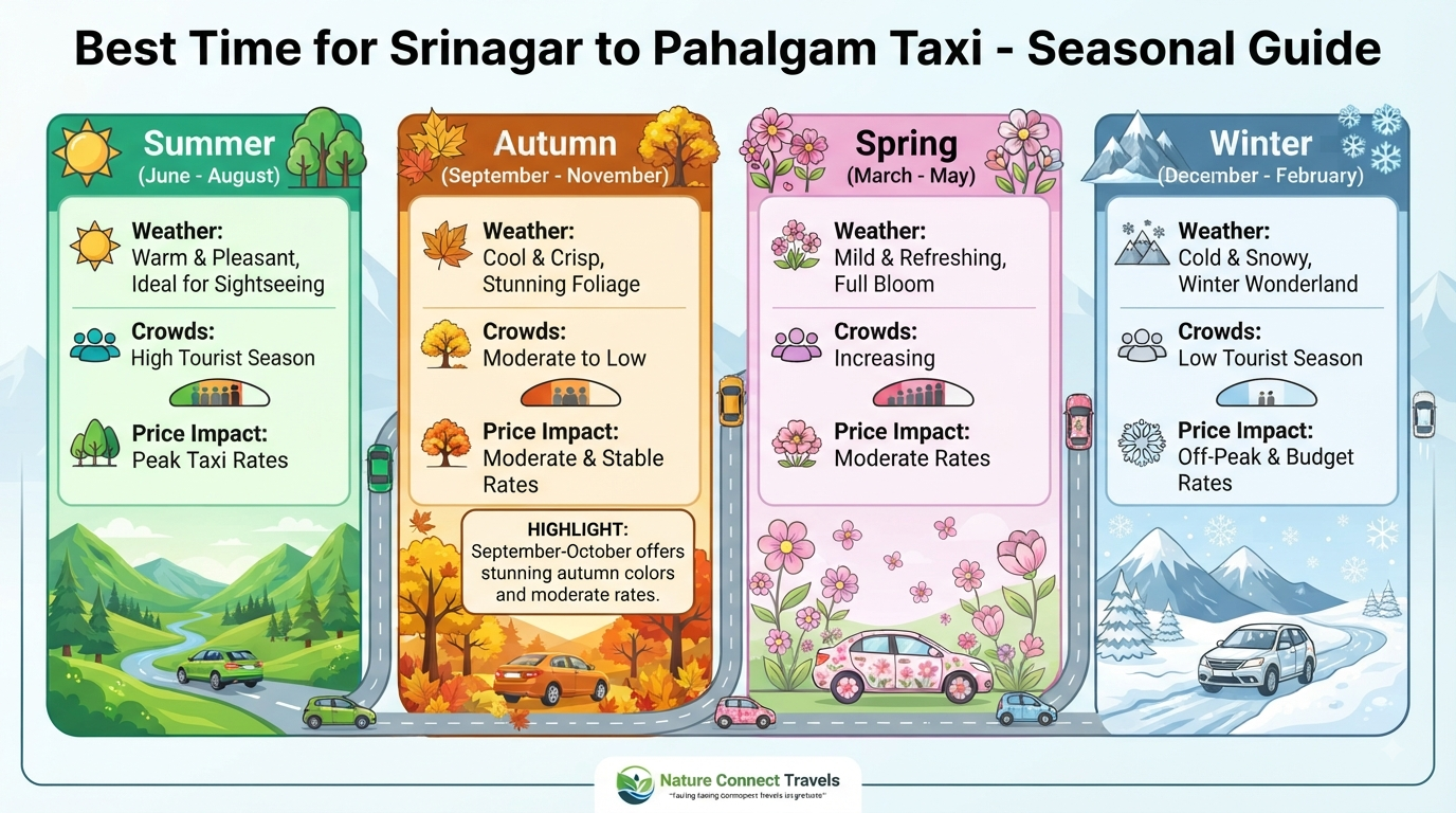 Srinagar to Pahalgam taxi per day - seasonal guide infographic showing best time to visit. 