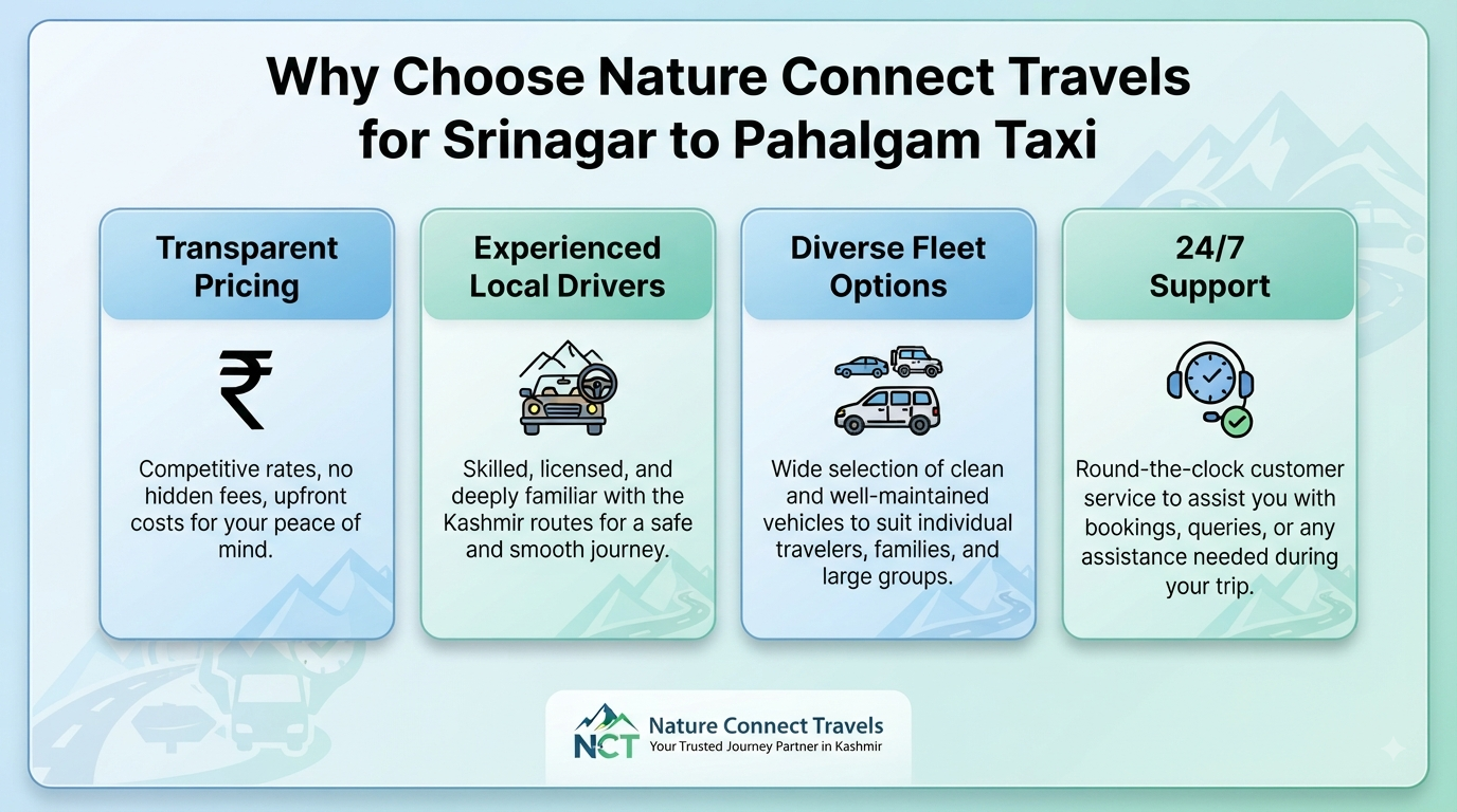 Srinagar to Pahalgam taxi per day - why choose Nature Connect Travels infographic