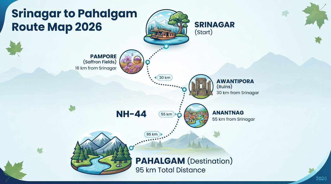 Srinagar to Pahalgam taxi service - route map infographic showing distance and stops