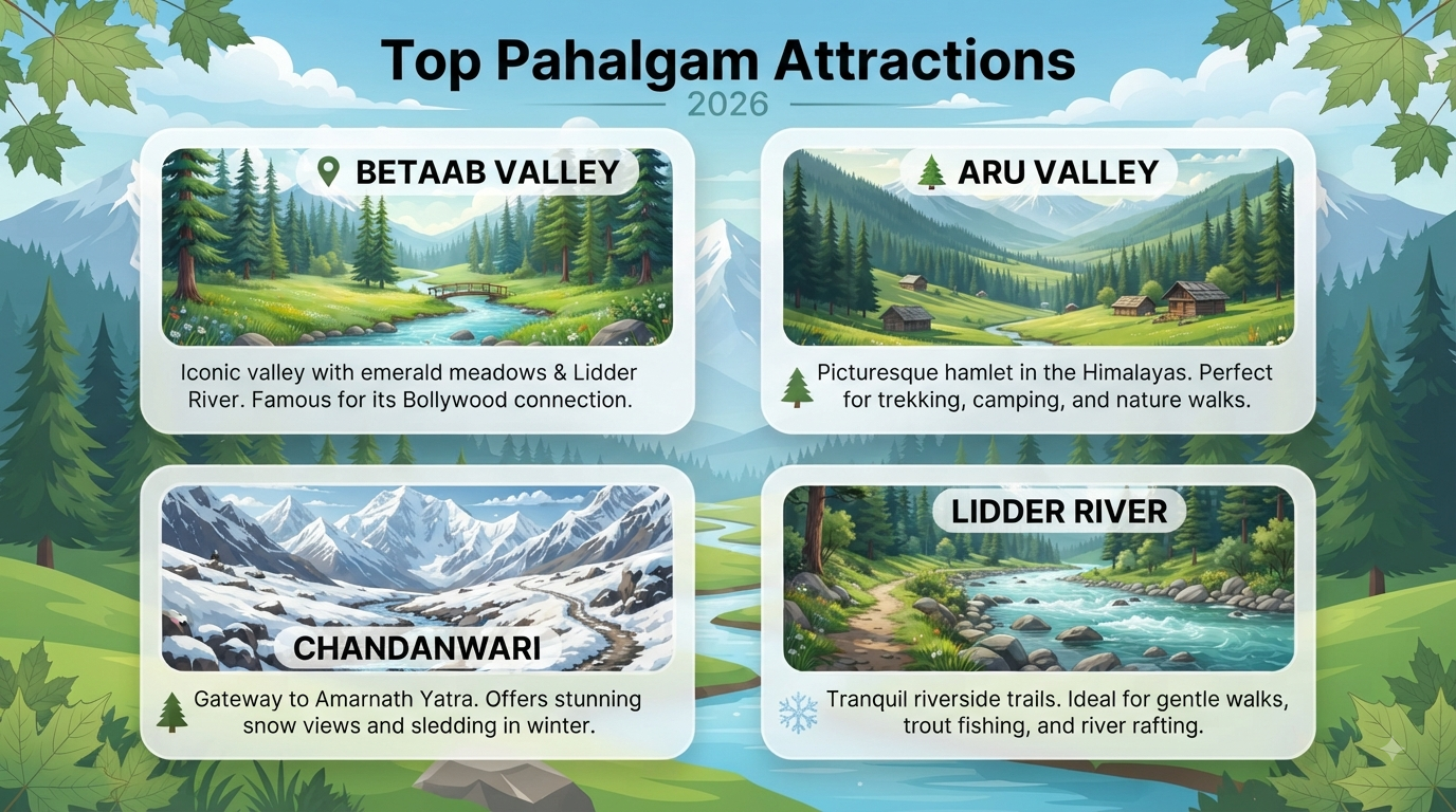 Srinagar to Pahalgam taxi service - top Pahalgam attractions infographic