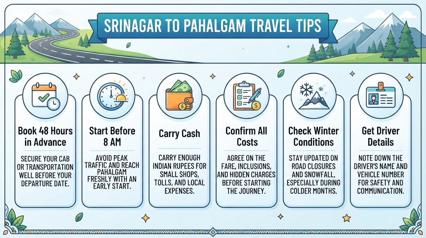 Srinagar to Pahalgam taxi service - travel tips infographic