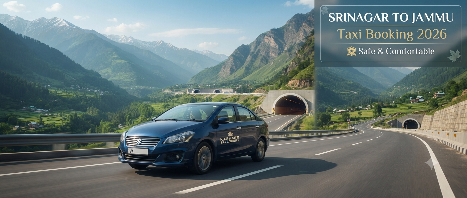 Taxi booking from Srinagar to Jammu - comfortable sedan on scenic NH44 highway with mountain views Nature Connect Travels