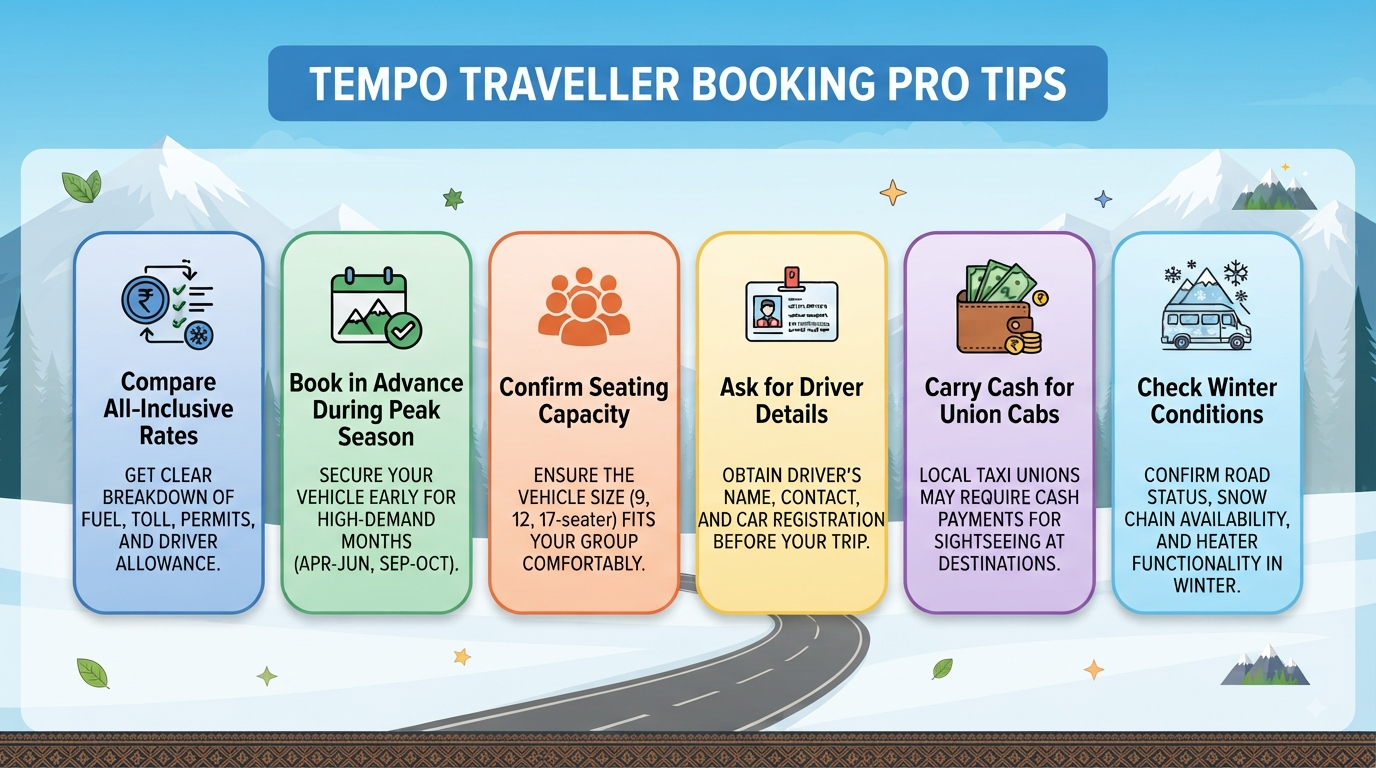 Tempo Traveller Rent Srinagar 2026 | 12 Seater ₹6,500/Day 14 Tempo Traveller rent Srinagar - booking tips infographic