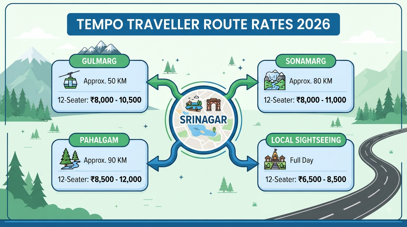Tempo Traveller Rent Srinagar 2026 | 12 Seater ₹6,500/Day 12 Tempo Traveller rent Srinagar - route pricing infographic