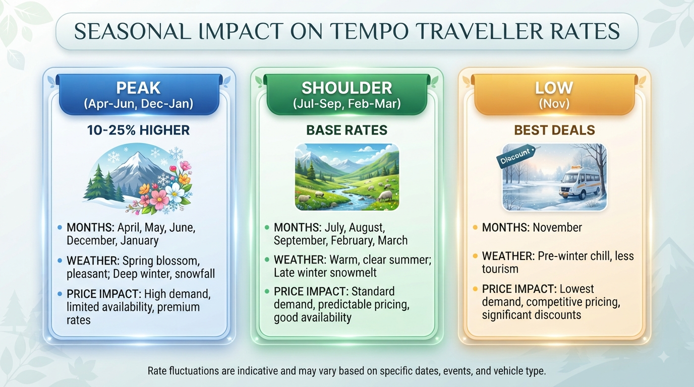 Tempo Traveller Rent Srinagar 2026 | 12 Seater ₹6,500/Day 15 Tempo Traveller rent Srinagar - seasonal guide infographic