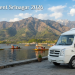 Tempo Traveller rent Srinagar - white tempo parked with Dal Lake view