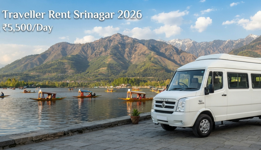 Tempo Traveller rent Srinagar - white tempo parked with Dal Lake view