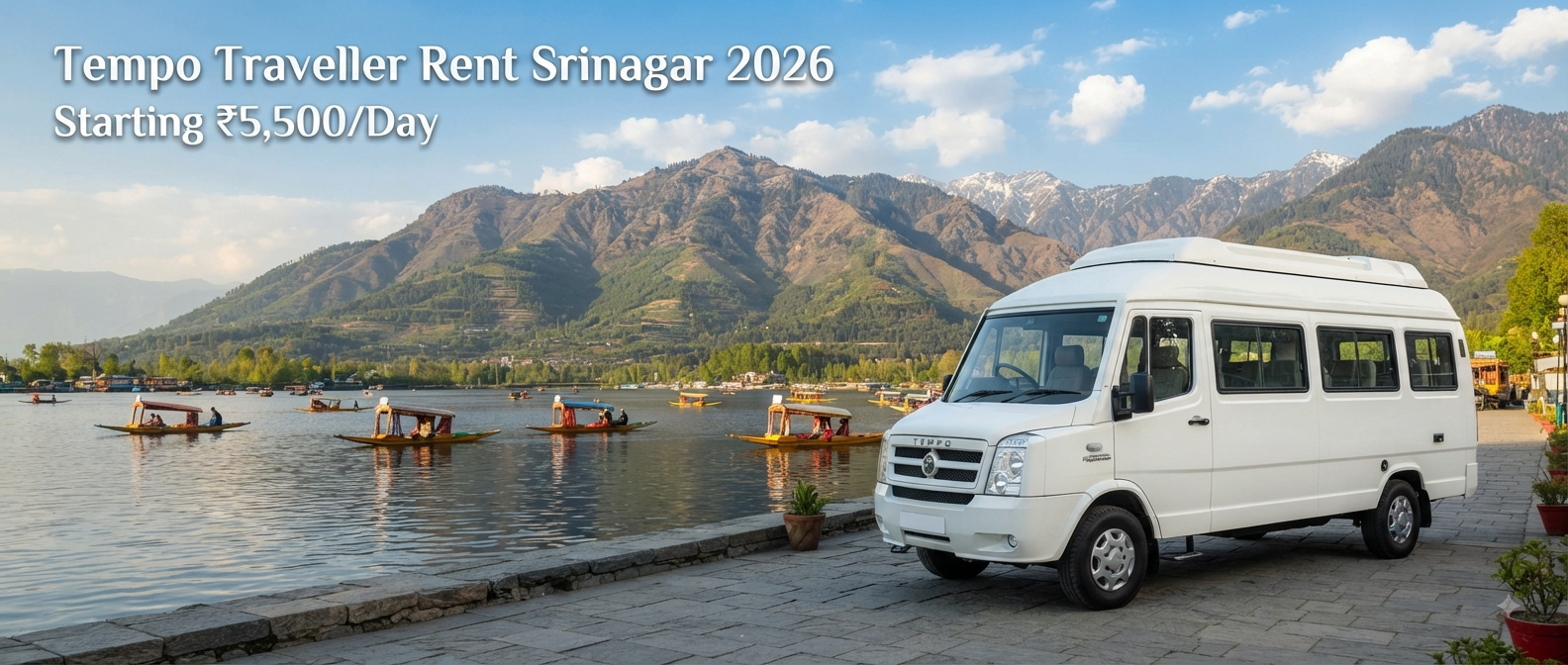Tempo Traveller rent Srinagar - white tempo parked with Dal Lake view