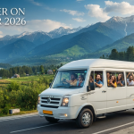 Tempo traveller on rent in Kashmir - spacious group vehicle driving through the Himalayas with Nature Connect Travels