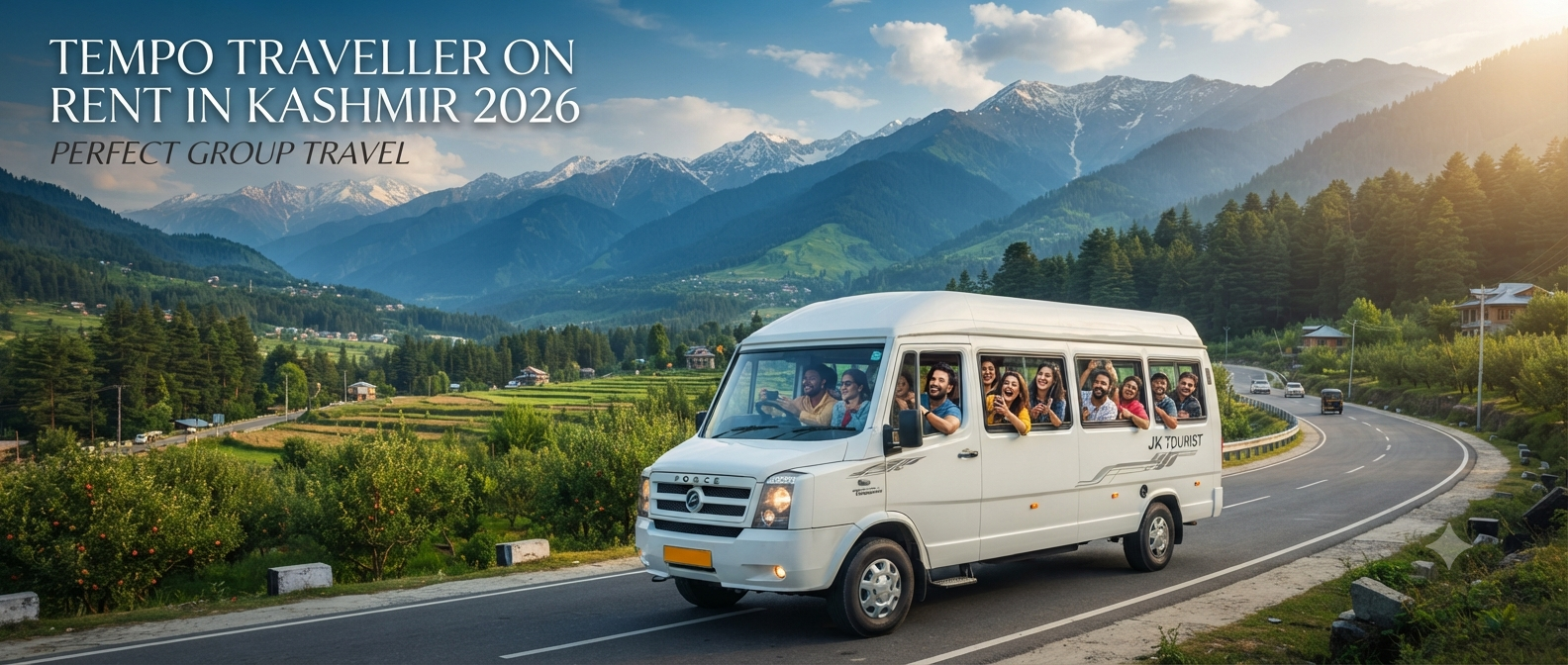 Tempo traveller on rent in Kashmir - spacious group vehicle driving through the Himalayas with Nature Connect Travels