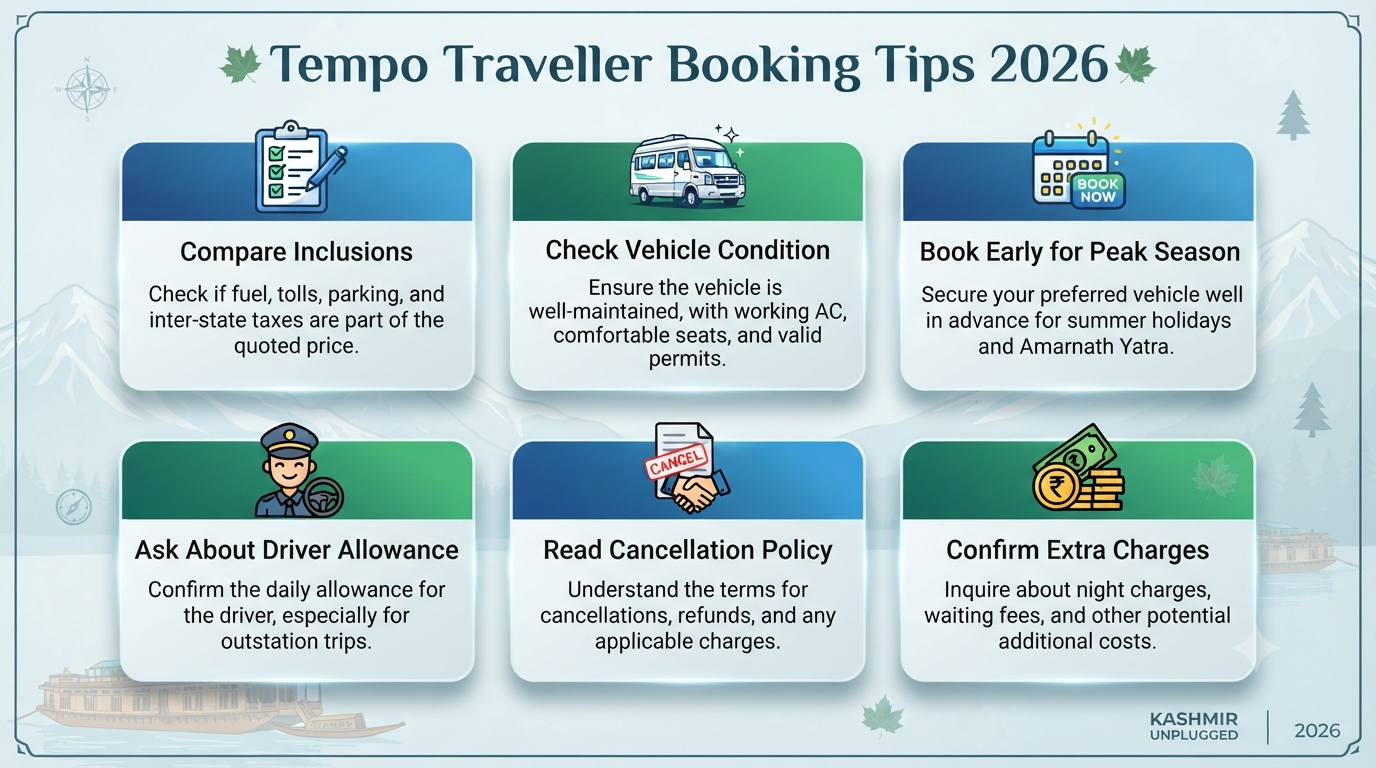 Tempo traveller price in Srinagar - booking tips infographic